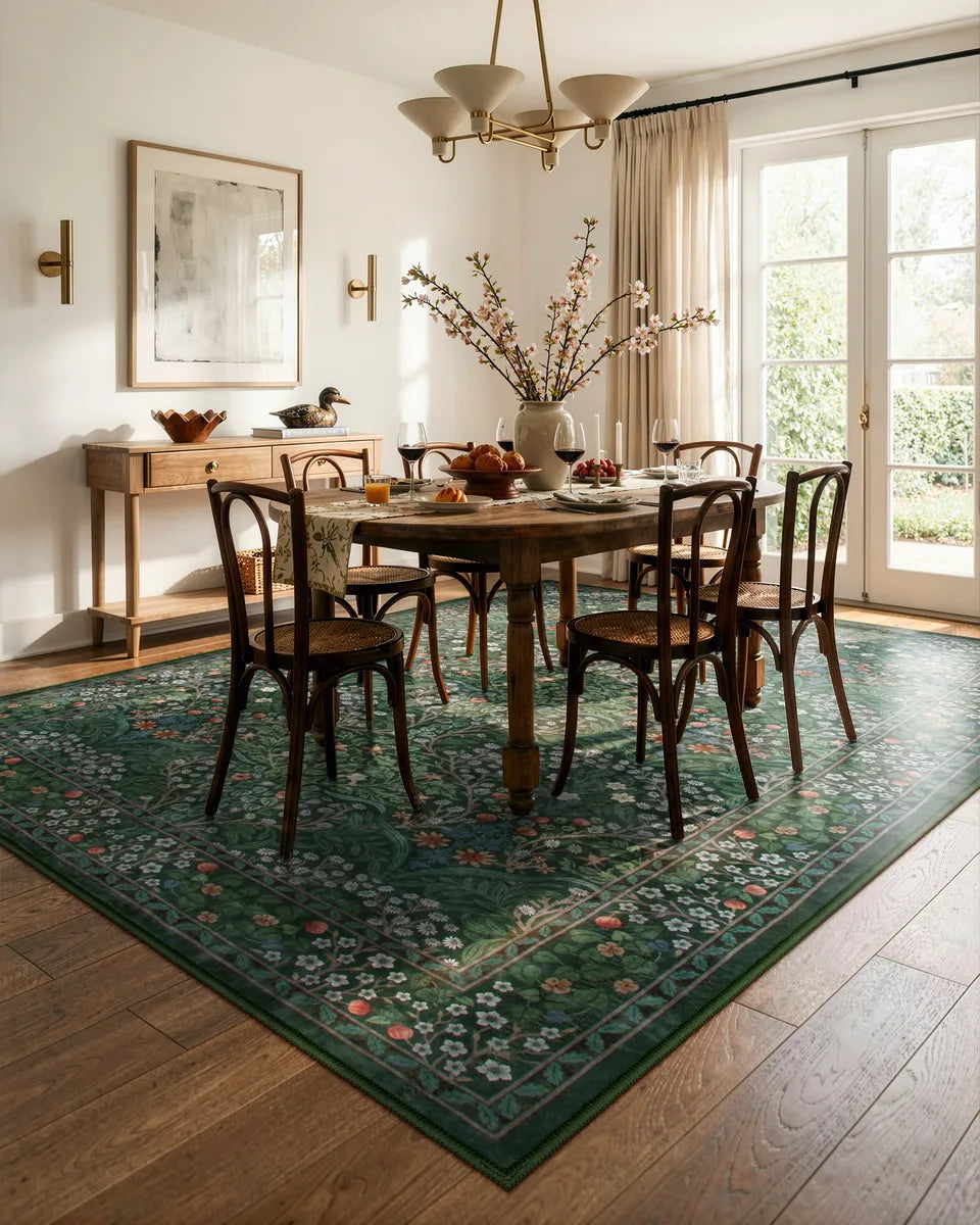 Giverny Washable Maximalism Vintage French Floral Dark Green Rug