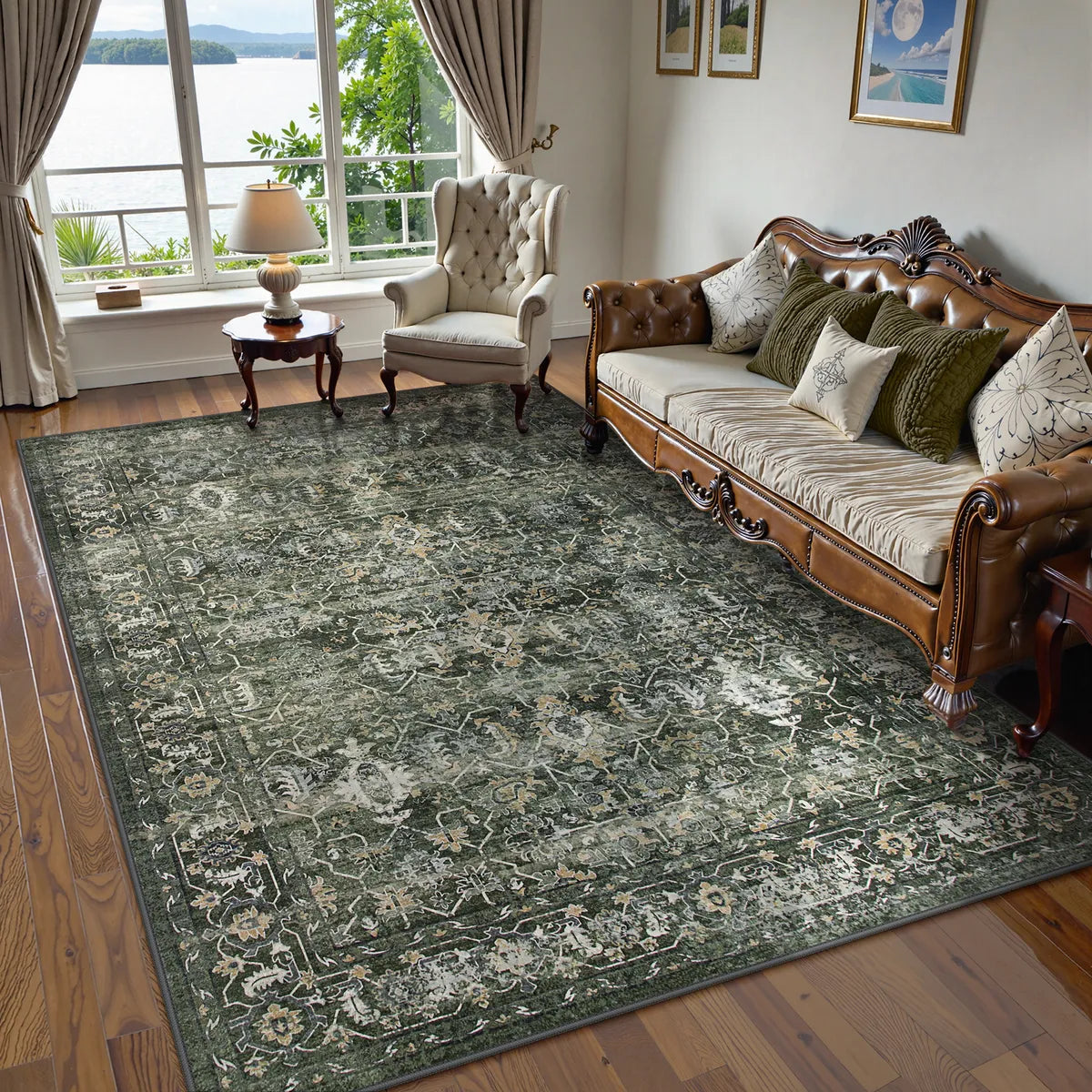 Margot Washable Vintage Distressed Dark Green Rug