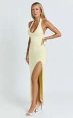 Ruby Maxi Dress - Halter Scoop Neck Low Back Bodycon Dress in Lemon