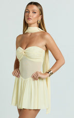 Carter Mini Dress - Strapless Front Twist Dropped Waist With Neck Scarf Dress in Lemon