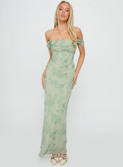 Azura Off The Shoulder Maxi Dress Green Burnout
