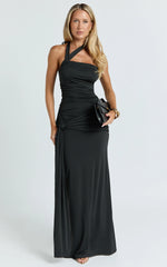 Ginny Maxi Dress - Asymmetric Neck Waist Tie Dress in Black