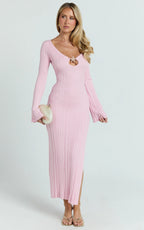 Wilde Midi Dress - Textured Stripe Knit V Neck Metal Trim Dress in Pink