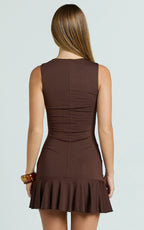 Reese Mini Dress - Key Hole Beaded Fit and Flare Dress in Chocolate