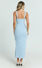 Bianca Midi Dress - Twist Front Cut Out Ruched Dress in Baby Blue
