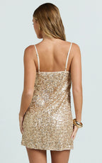 Lily Mini Dress - Sequin Square Neck Shift Dress in Gold