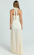 Loretta Maxi Dress - Contrast Halter Neck Pleated Dress in Pastel Yellow