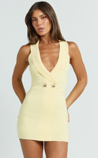 Melanie Mini Dress - Collared Halter Double Breasted Fitted Dress in Lemon