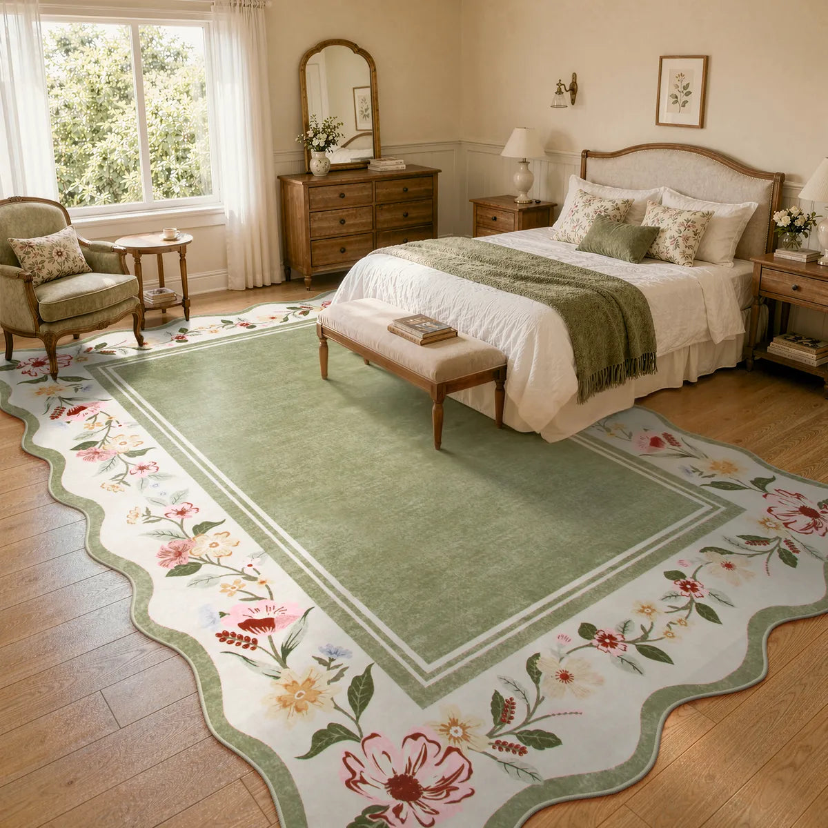 Ariele Washable Vintage Floral Scalloped Sage Green Rug