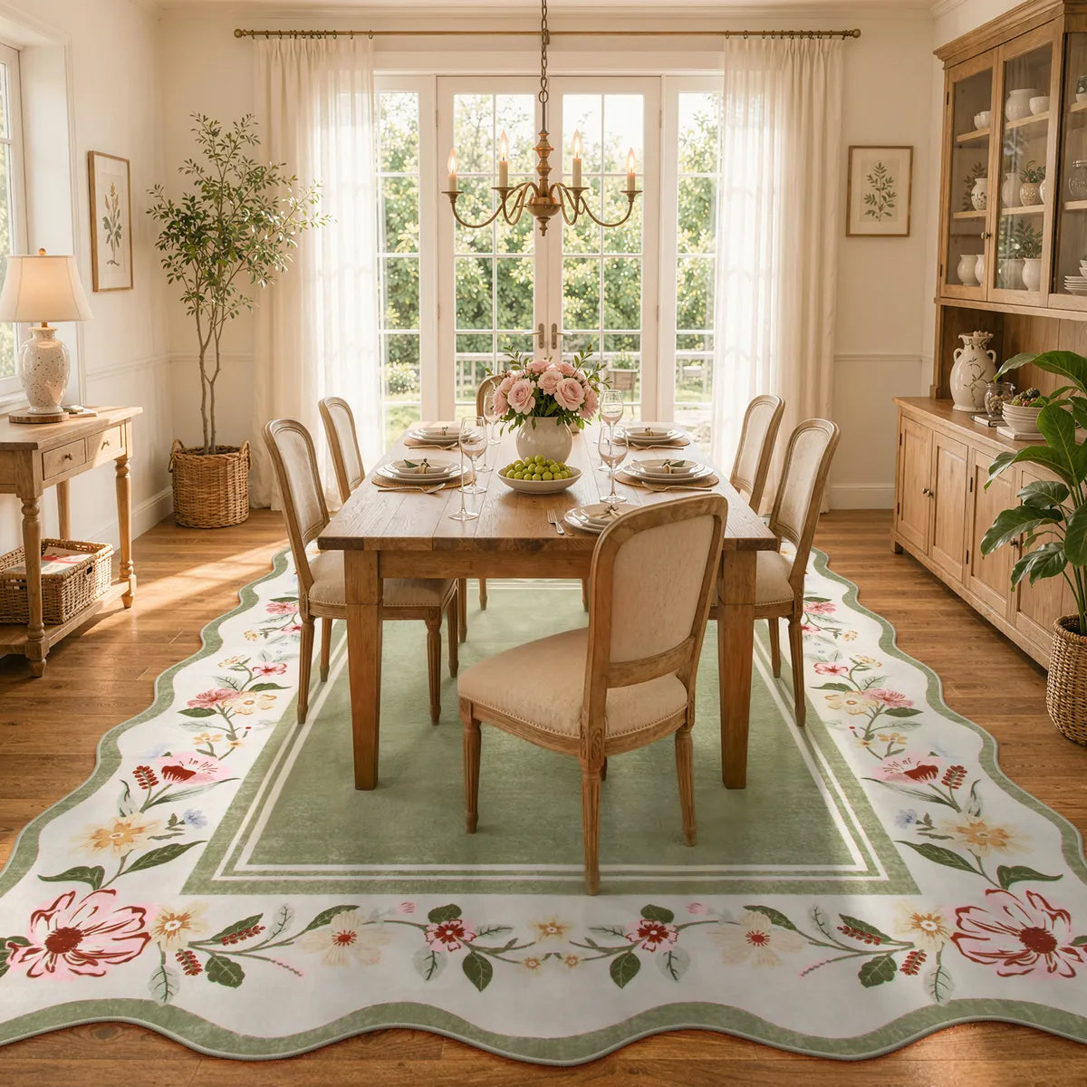 Ariele Washable Vintage Floral Scalloped Sage Green Rug