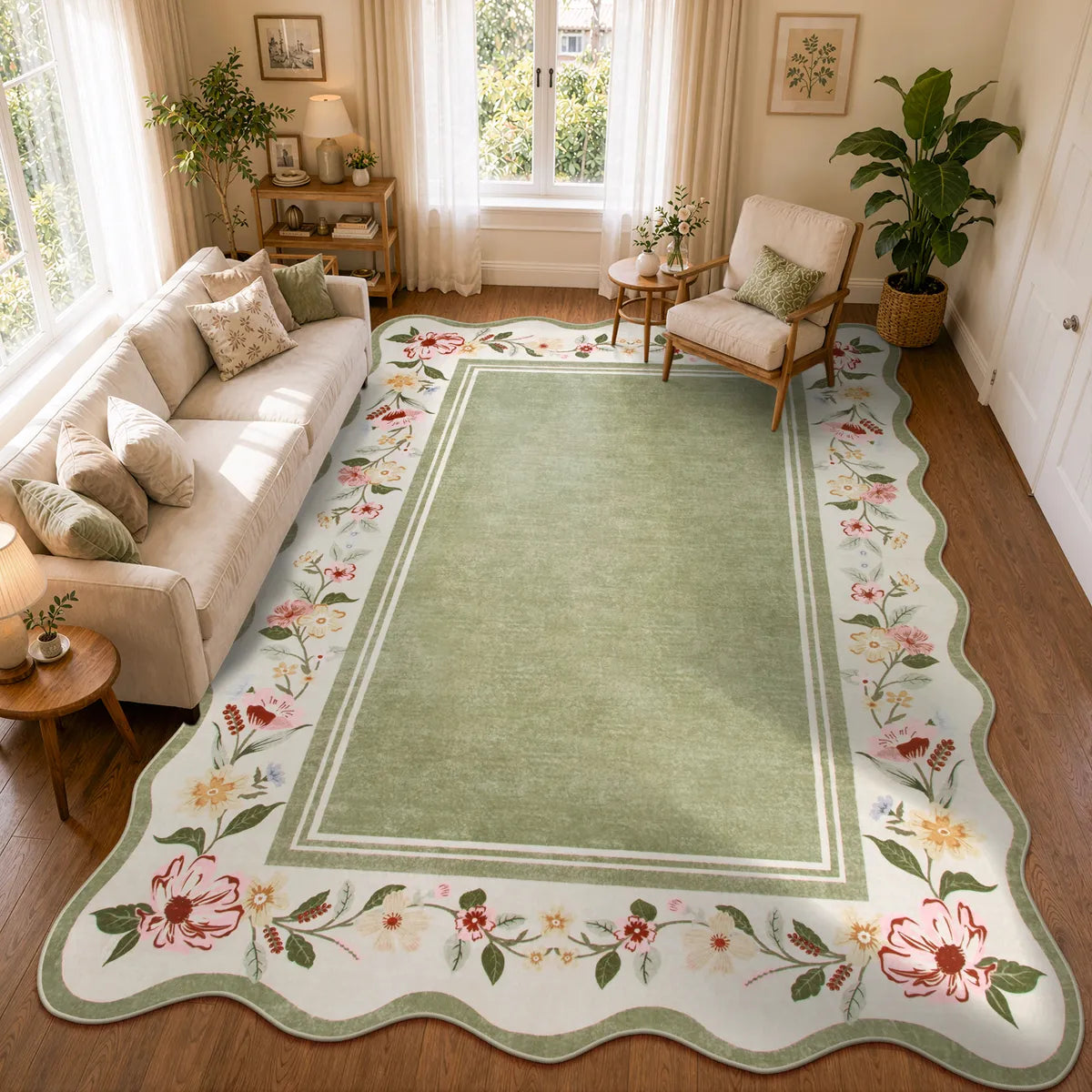 Ariele Washable Vintage Floral Scalloped Sage Green Rug
