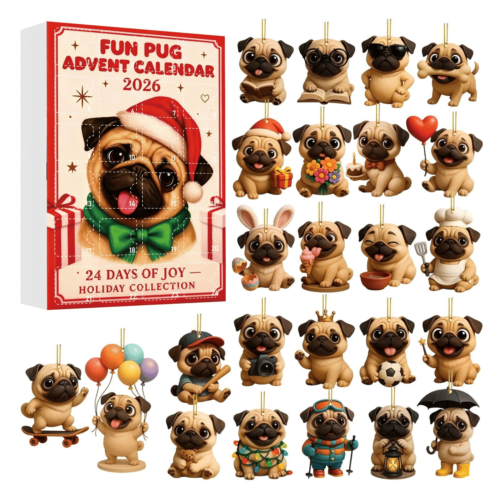 2026 Pug Christmas Ornament Advent Calendar (24-Piece Set) Blind Box