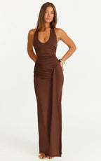 Dixie Maxi Dress - Plunge Halter Low Back Dress in Chocolate