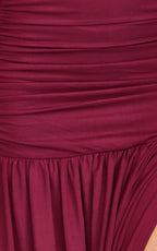 Lara Maxi Dress - Strapless Ruched Mesh High Leg Split Dress in Wine