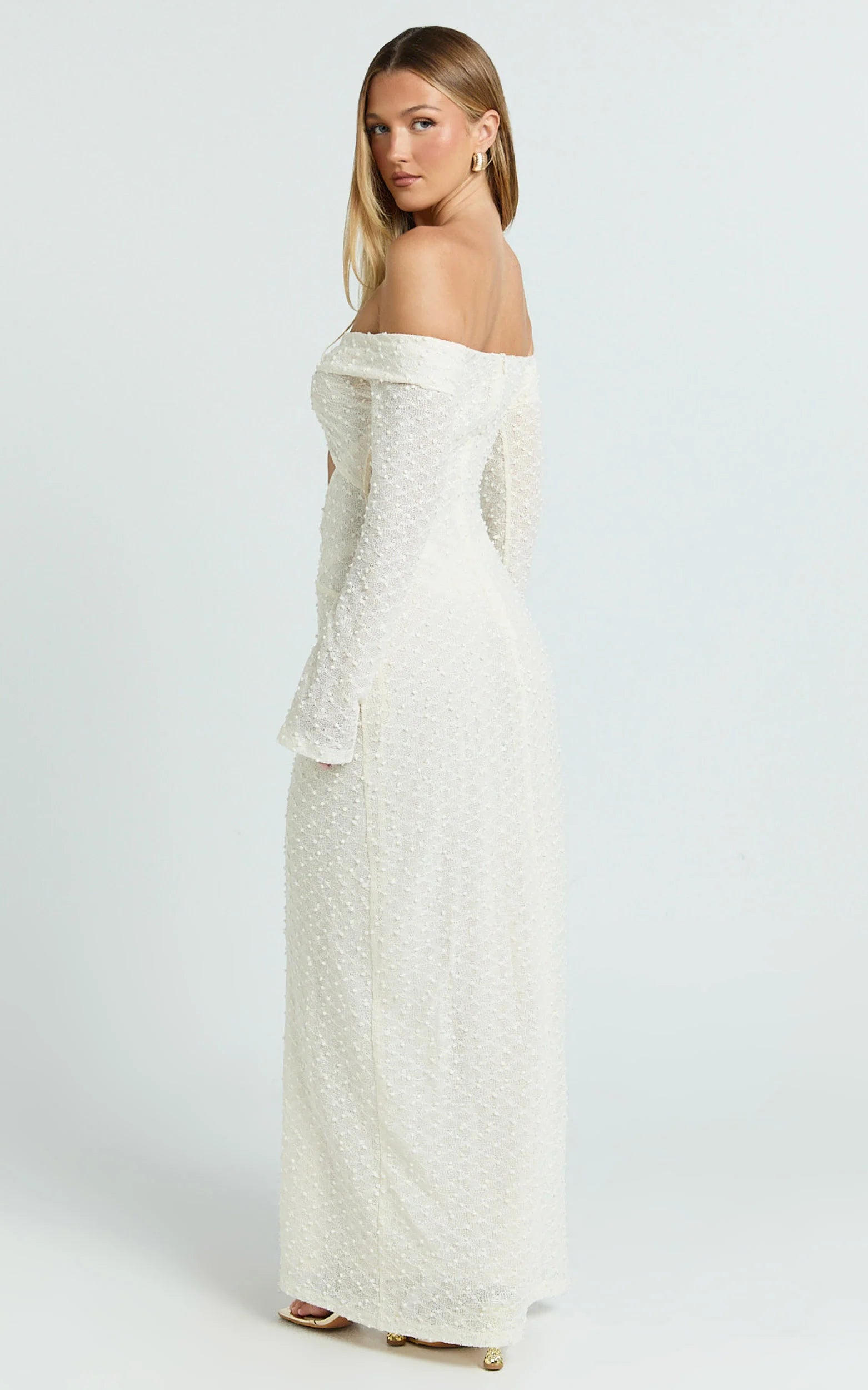 Romy Maxi Dress - Off Shoulder Long Sleeve Cut Out Gold Trim Fitted Dress in Ivory