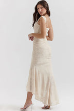 Luxury Textured Floral Ruched Corset Sleeveless Fishtail Evening Dress - Cream