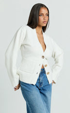 Nerissa Cardigan - V Neck Recycled Knit Contoured Cardigan in Cream