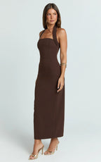 Salome Midi Dress - Halter Neck Column Dress in Dark Chocolate