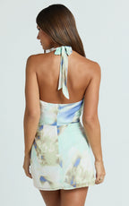 Elouise Mini Dress - Halter Cowl Neck Dress in Aquamarine Floral Print