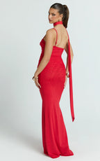 Larson Maxi Dress - Asymmetric Tie Neck Column Dress in Red