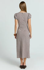 Bernice Midi Dress - Gingham Scoop Neck A Line Dress in Chocolate Gingham