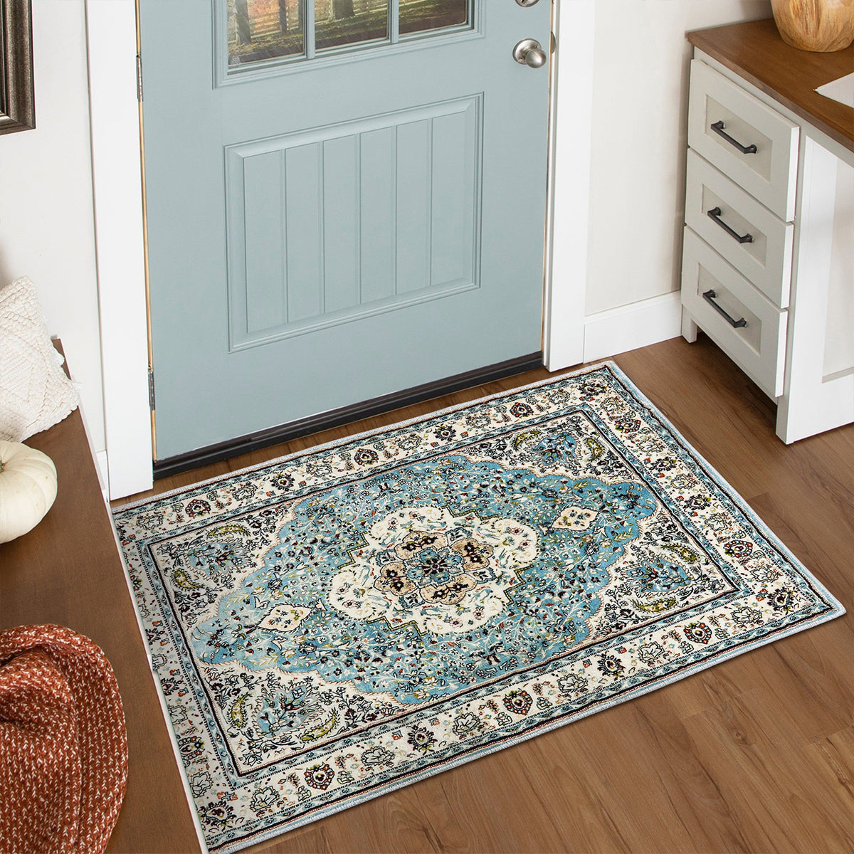 Agnes Washable Boho Floral Medallion Light Blue Rug