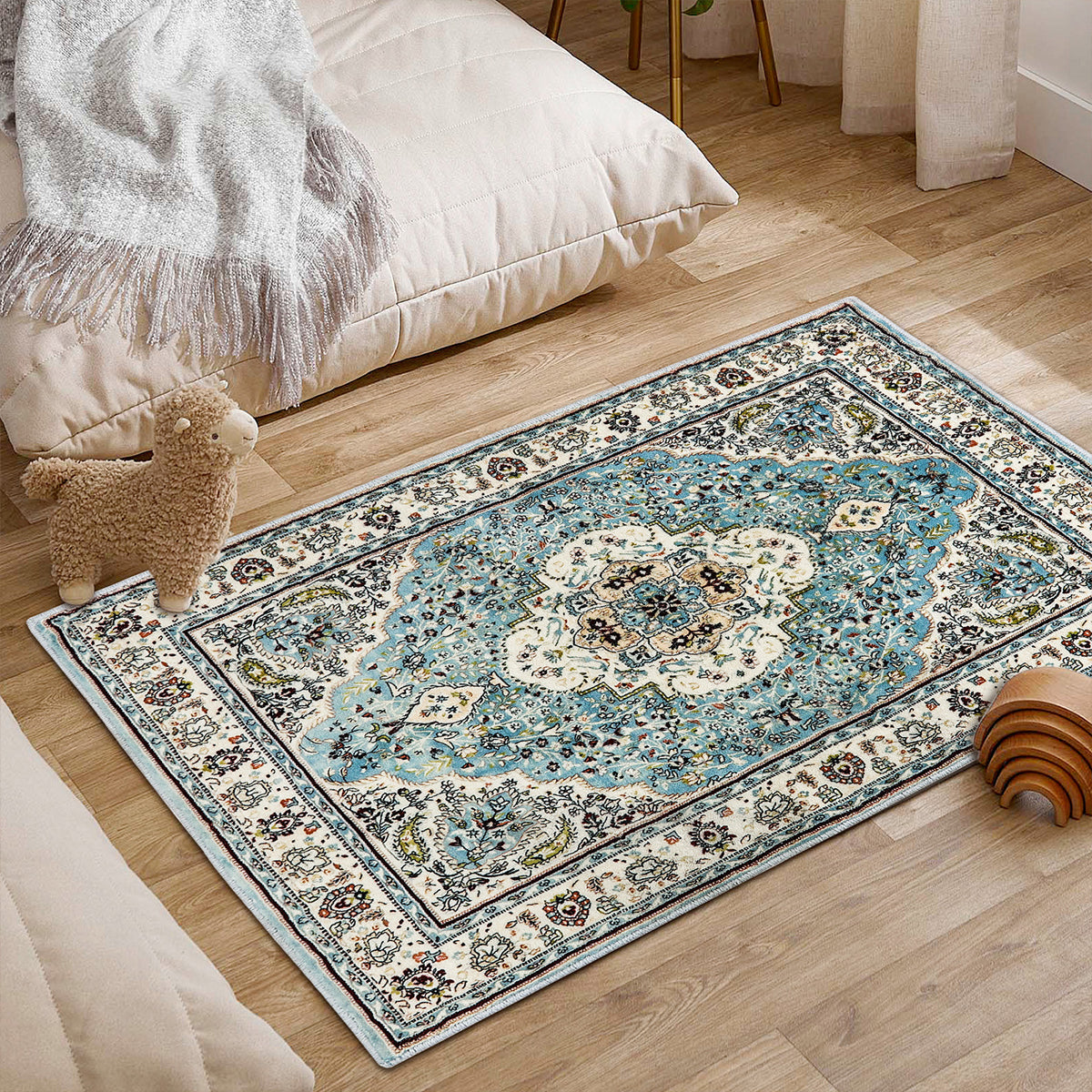 Agnes Washable Boho Floral Medallion Light Blue Rug