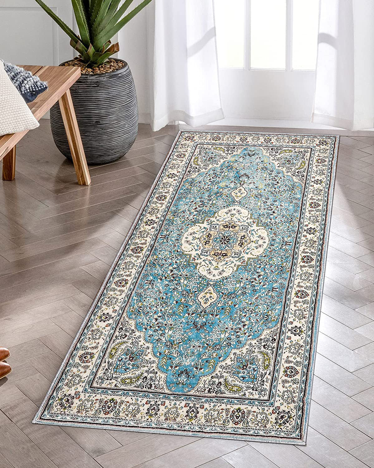 Agnes Washable Boho Floral Medallion Light Blue Rug