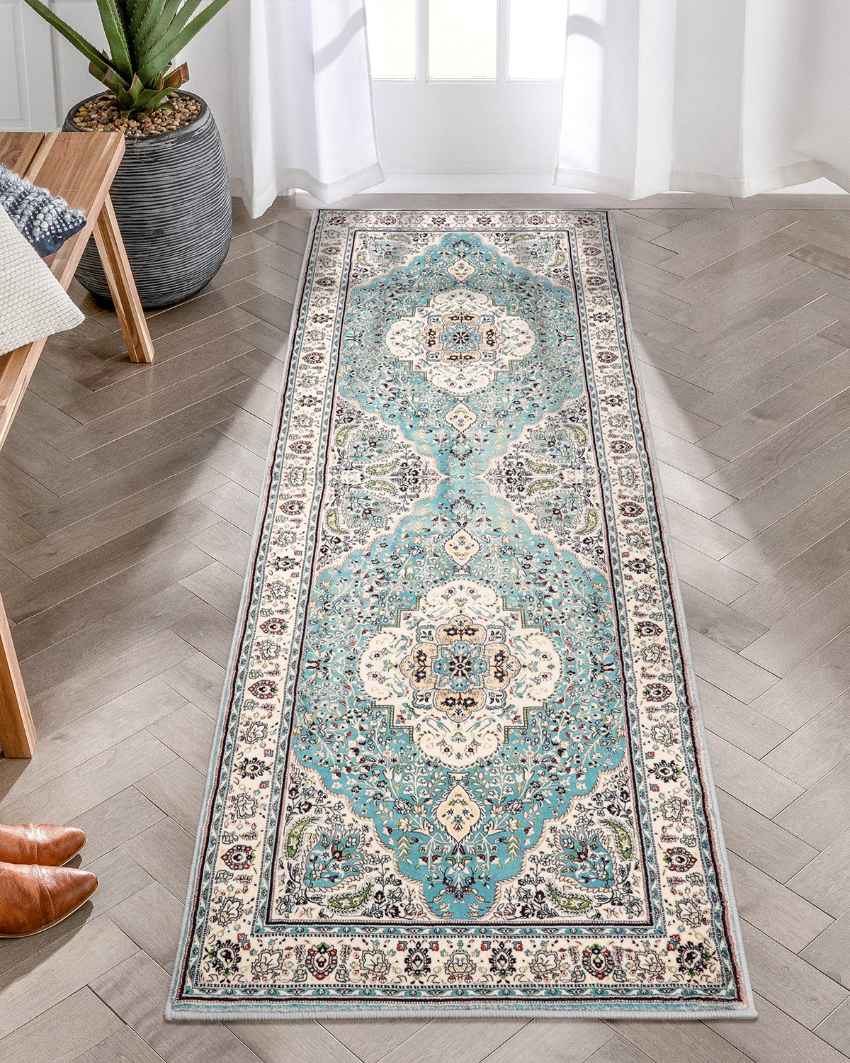 Agnes Washable Boho Floral Medallion Light Blue Rug