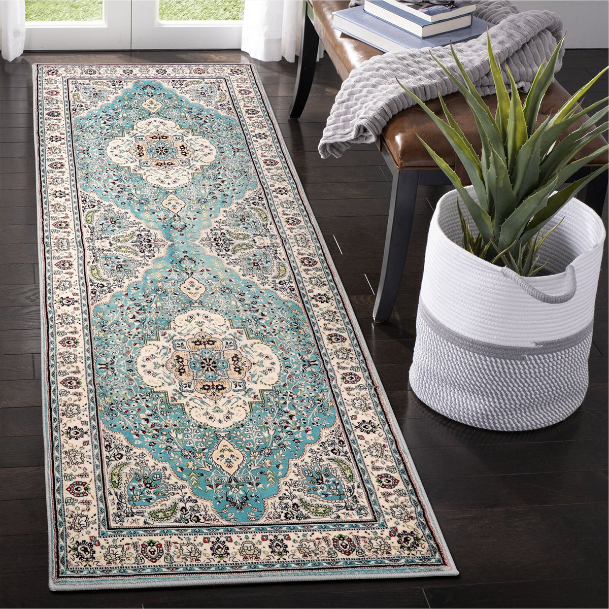 Agnes Washable Boho Floral Medallion Light Blue Rug