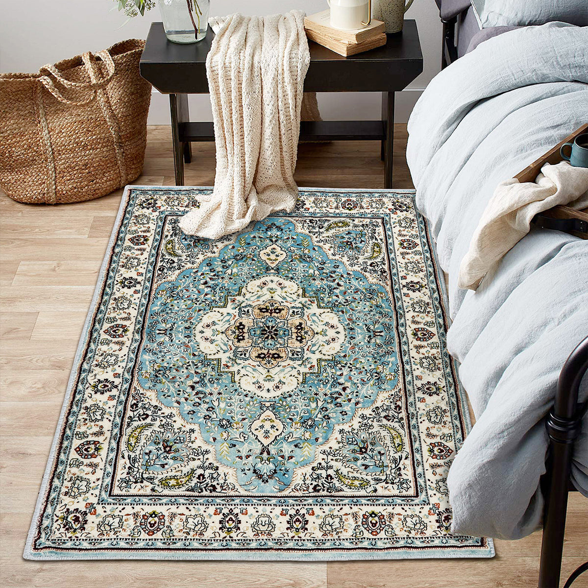 Agnes Washable Boho Floral Medallion Light Blue Rug