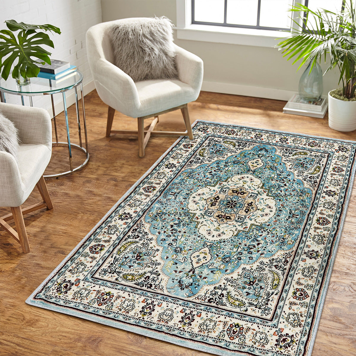 Agnes Washable Boho Floral Medallion Light Blue Rug