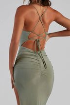 Heather Ruched High-Slit Formal Dress