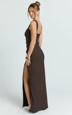 Thelma Maxi Dress - Square Neck Bodycon Dress in Chocolate