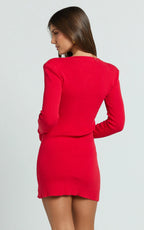 Nikka Mini Dress - Long Sleeve V Neck Bodycon Knit Dress in Red