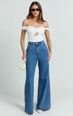 Therese Jeans - High Waist Wide Leg Flare Recycled Denim Jeans in Dark Blue Wash
