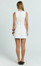 Olenna Mini Dress - High Neck Fitted Denim Dress in Ecru