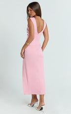 Veronnie Midi Dress - Tucked High Neck Sleeveless Fitted Leg Split Skirt Dress in Pink
