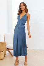 Sleek Night Satin Midi Dress Blue