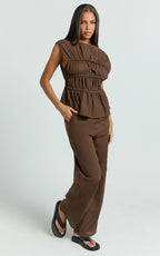 Auric Two Piece Set - Ruched Detail Top and Wide Leg Pants Set in Brown