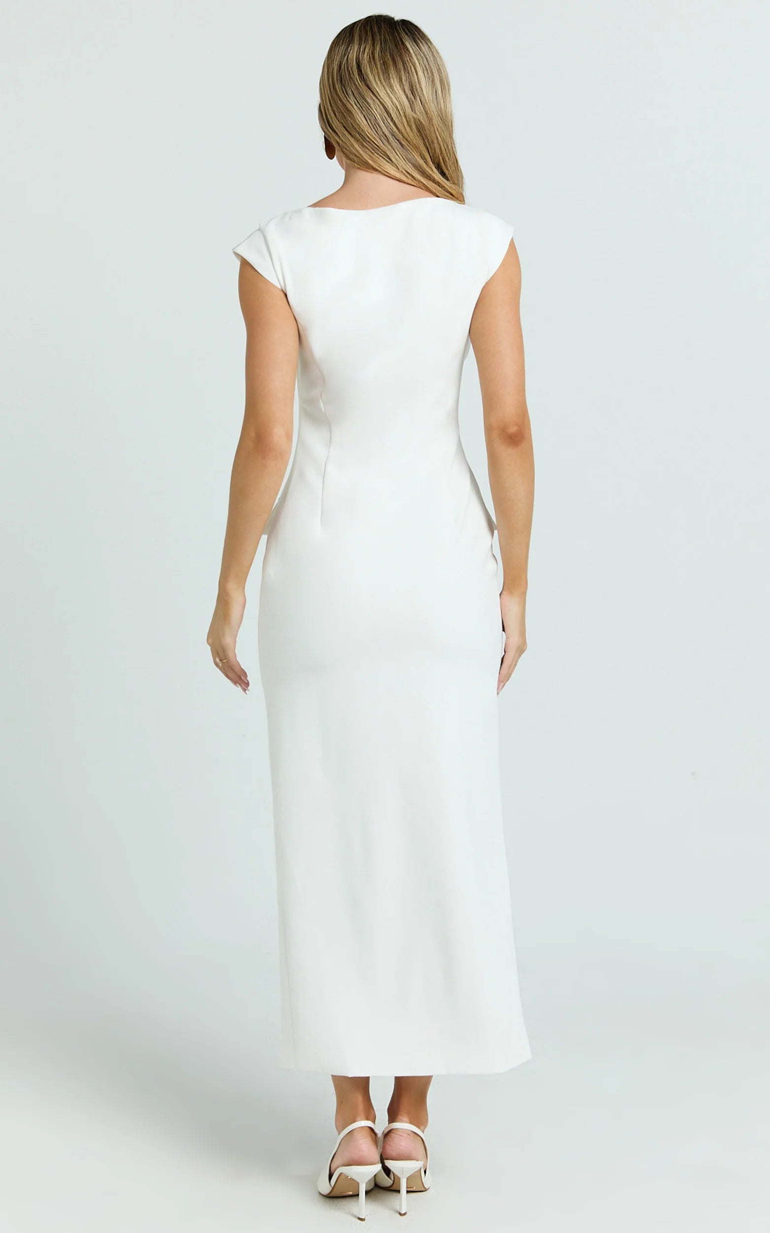 Calista Midi Dress - Boat Neck Button Down Pencil Dress in White