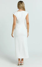 Calista Midi Dress - Boat Neck Button Down Pencil Dress in White