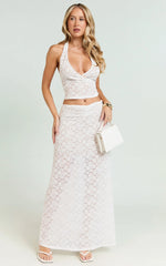 Sally Two Piece Set - Stretch Lace Halter Top and Maxi Skirt Set in White