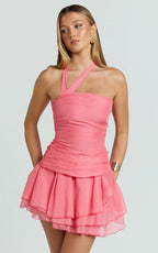 Deanna Mini Dress - Crinkle Halter Neck Asymmetric Tiered Dress in Coral