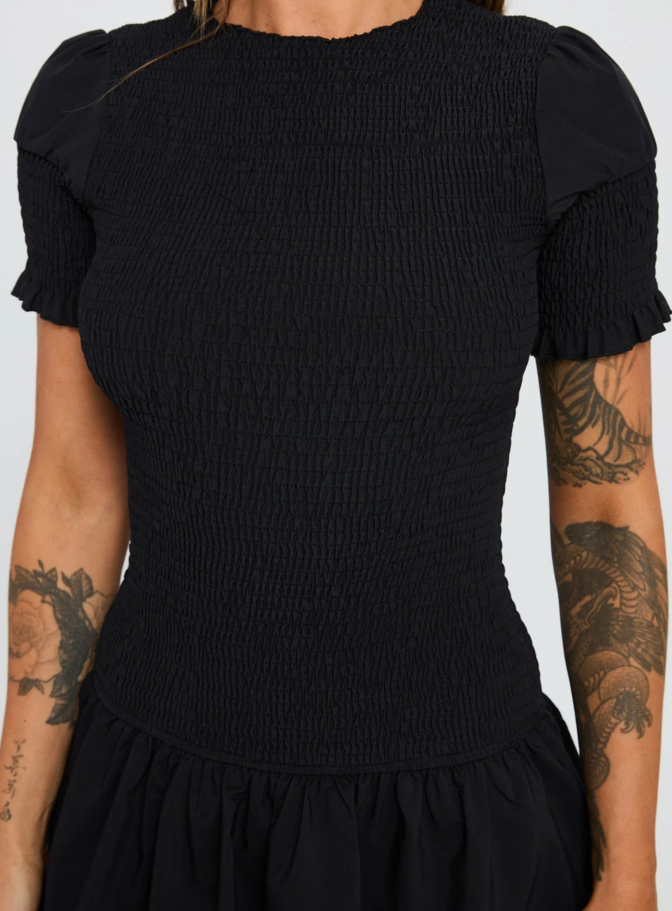 Laurita Shirred Mini Dress Black