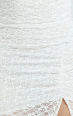Karlene Midi Dress - Stretch Lace Long Sleeve Ruched Split Hem Dress in Ivory