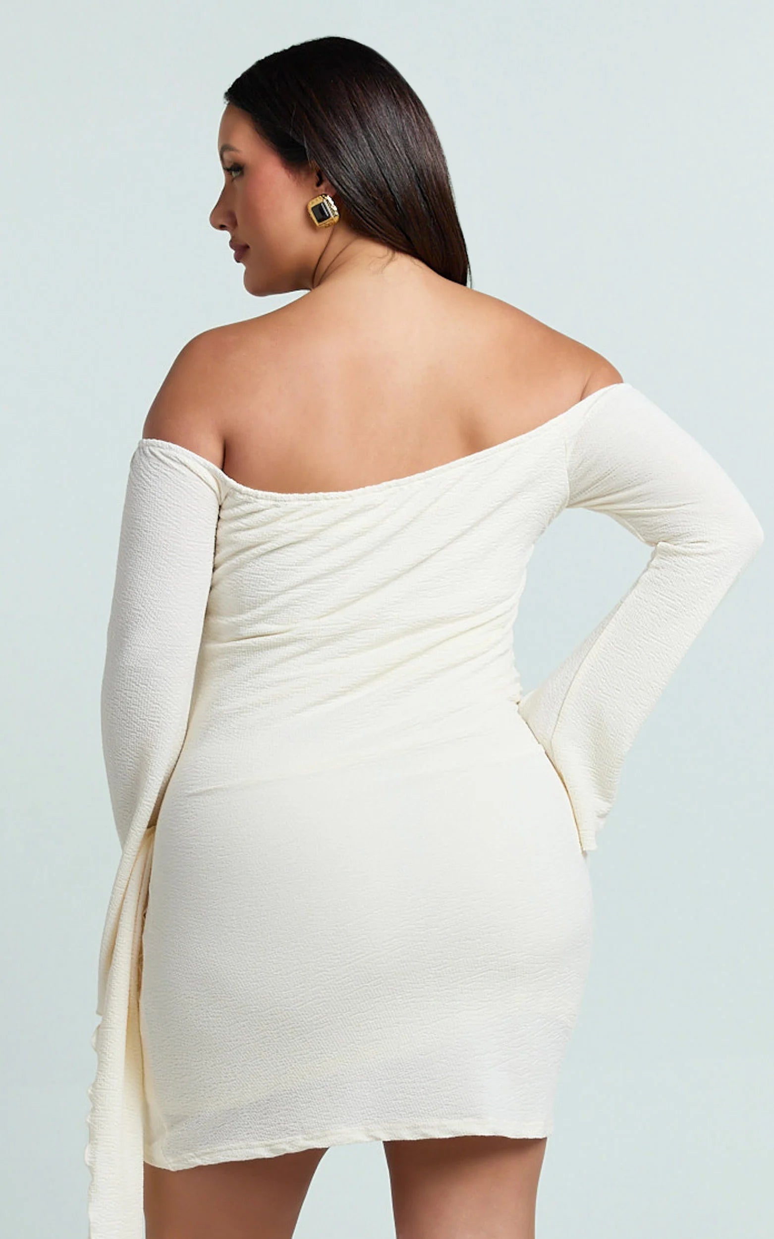 Noah Mini Dress - Off Shoulder Draped Skirt Jersey Dress in Cream
