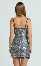 Lily Mini Dress - Sequin Square Neck Shift Dress in Black