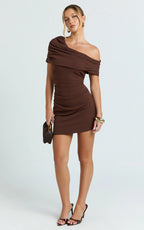 Kairose Mini Dress - Asymmetrical Sleeve Dress in Chocolate