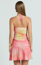 Charlie Mini Dress - Shirred Polka Dot Halter Dress in Regency Floral